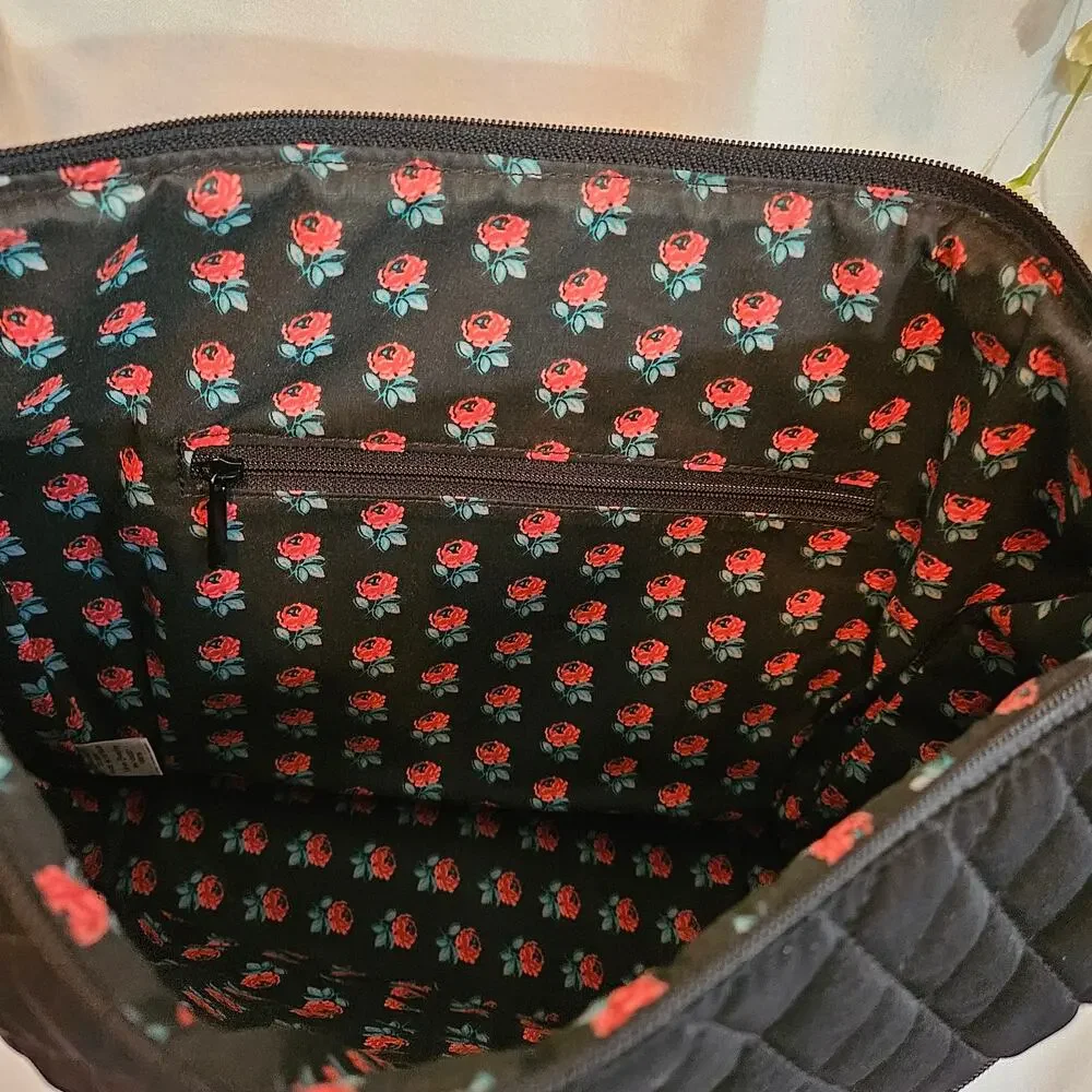 Vera Bradley Black Quilted Hobo Shoulder Bag Rose Floral Lining